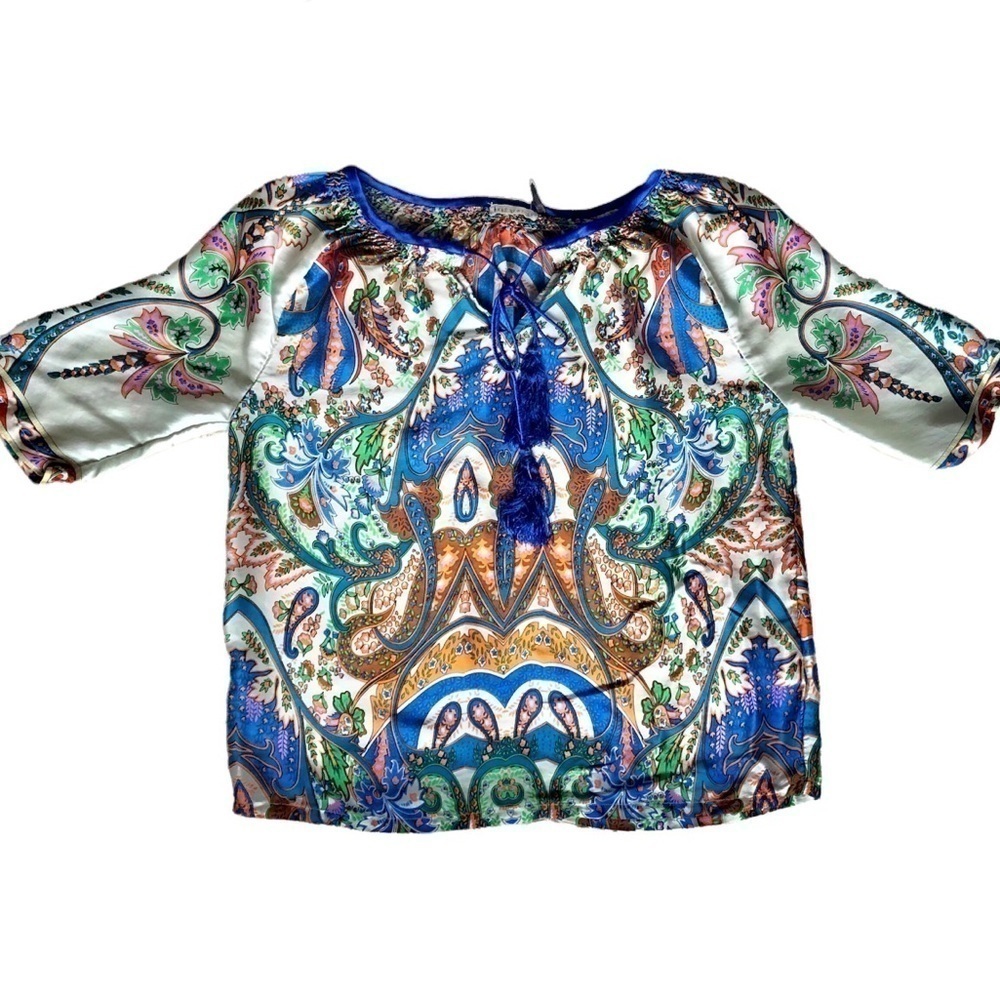ANTHROPOLOGIE Kas New York silk Top Size XXS Ivory Floral 3/4 sleeve blouse - Picture 2 of 8